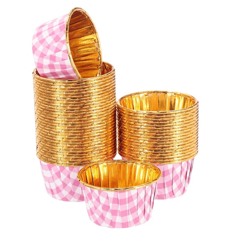 100 Pcs Cupcake Liners, Single-sided Aluminum Foil, Pink (Round-Grid)