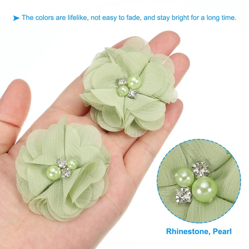 30Pcs 2" Chiffon Flowers with Rhinestone Pearl Appliques Decorate Light Green gallery