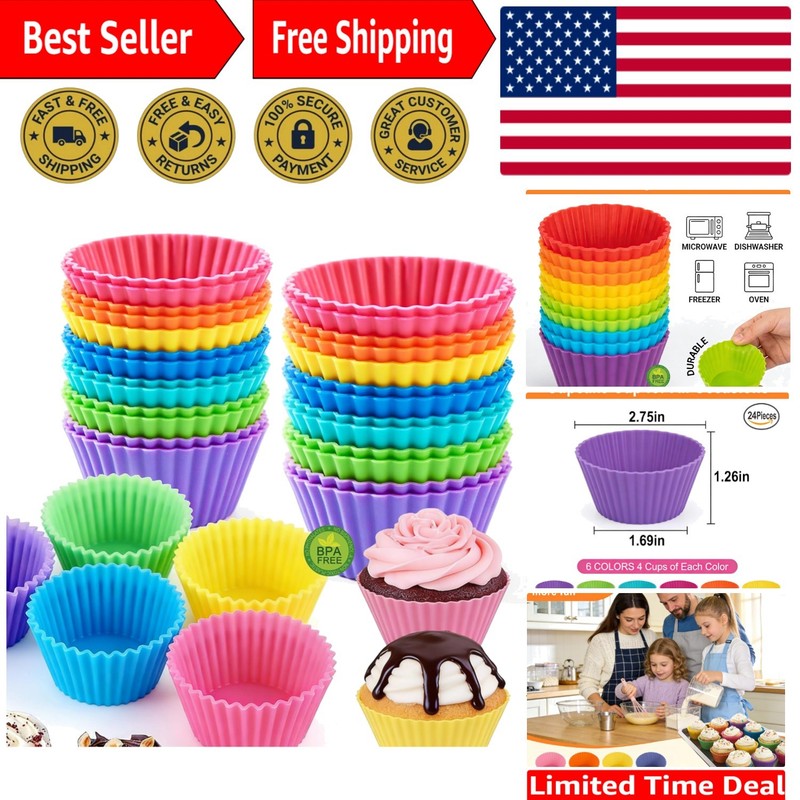 Non-Stick Silicone Baking Cups – 24 Multicolor Liners for Easy Baking