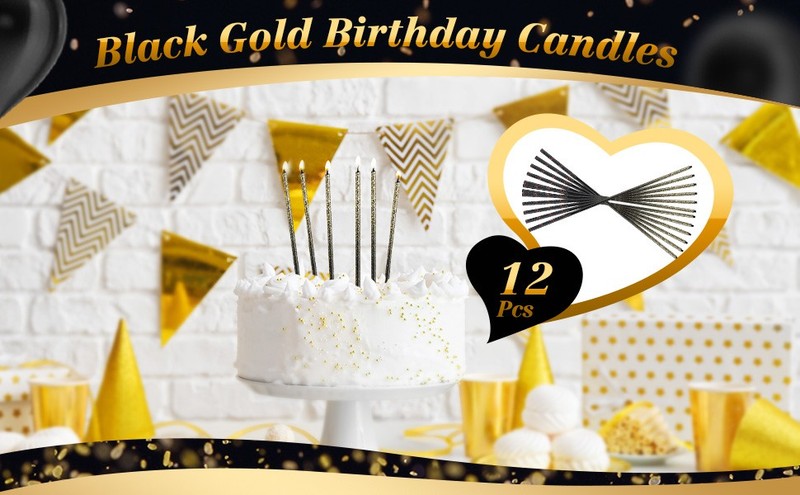 12 Pieces Black Gold Metallic Birthday Candles Long Thin Cake Candles for Cake gallery