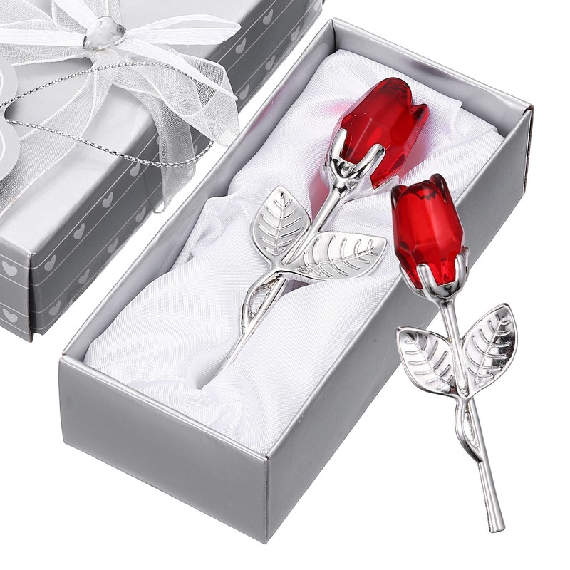 2Pcs Mini Crystal Rose with Box Romantic Crystal Rose Red Silver