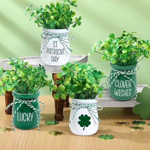 4 Pcs St Patricks Day Mini Jars with Artificial Shamrock MIni Vase Fake gallery