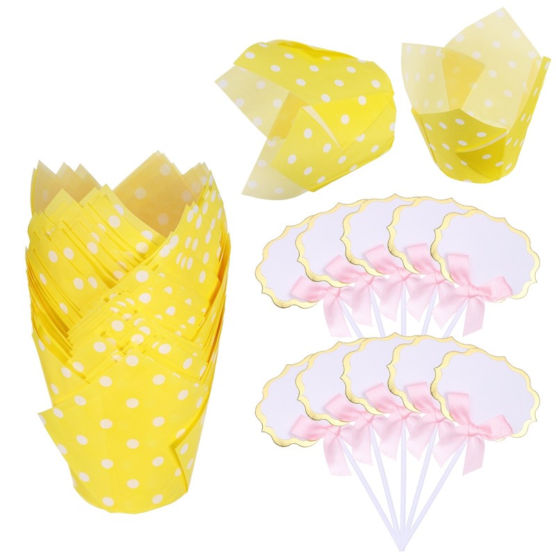 100Pcs Tulip Cupcake Liners with 10Pcs Cheese Markers Polka Dot Liners, Yellow