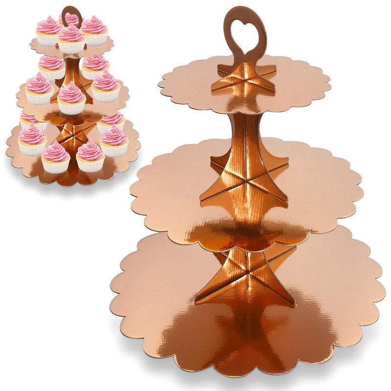 2 Pack 3 Tier Rose Gold Cupcake Stand for 24 Cupcakes, Cardboard Cake Tower f...