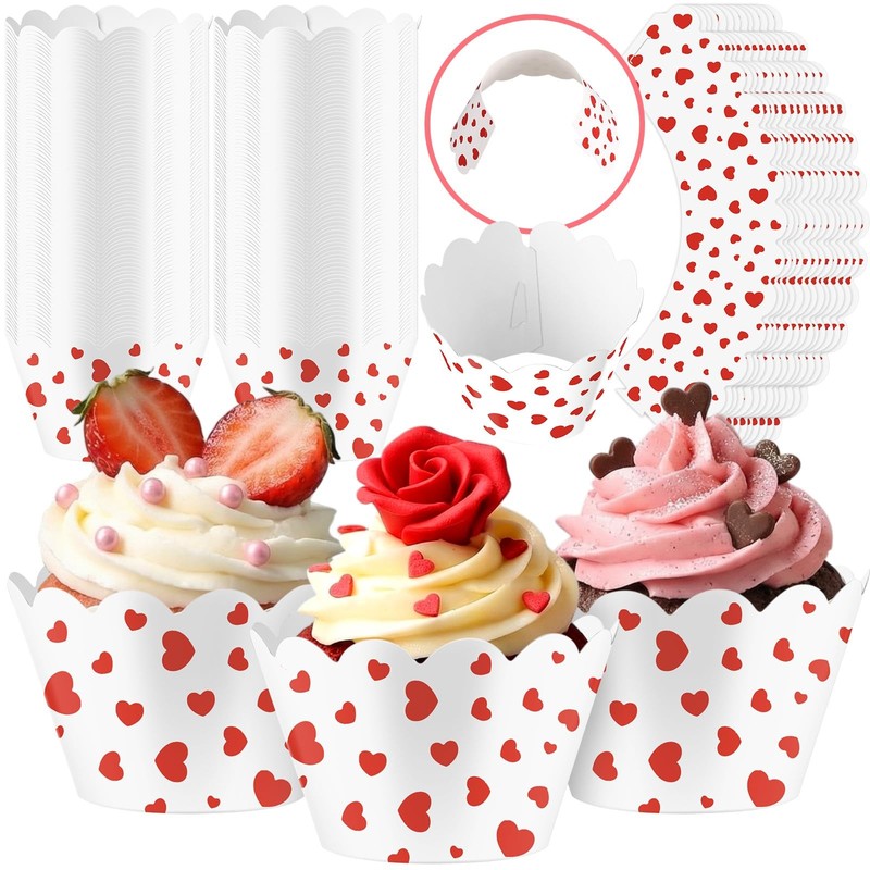 100 PCS Red Heart Cupcake Wrappers Rustic Muffin Liners Baking Mother’s Day