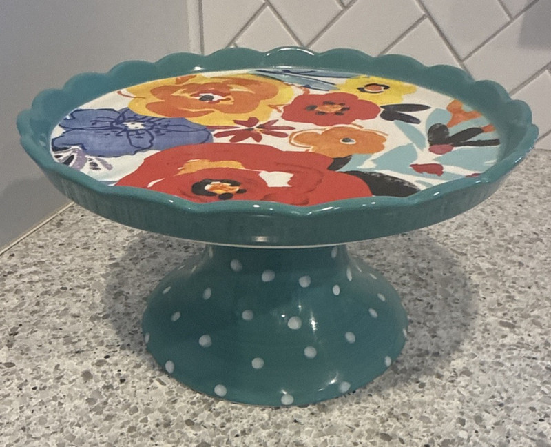 Pioneer Woman Flea Market Floral Polka Dot Cake Stand Decor EXCELLENT 8” X 4.25” gallery