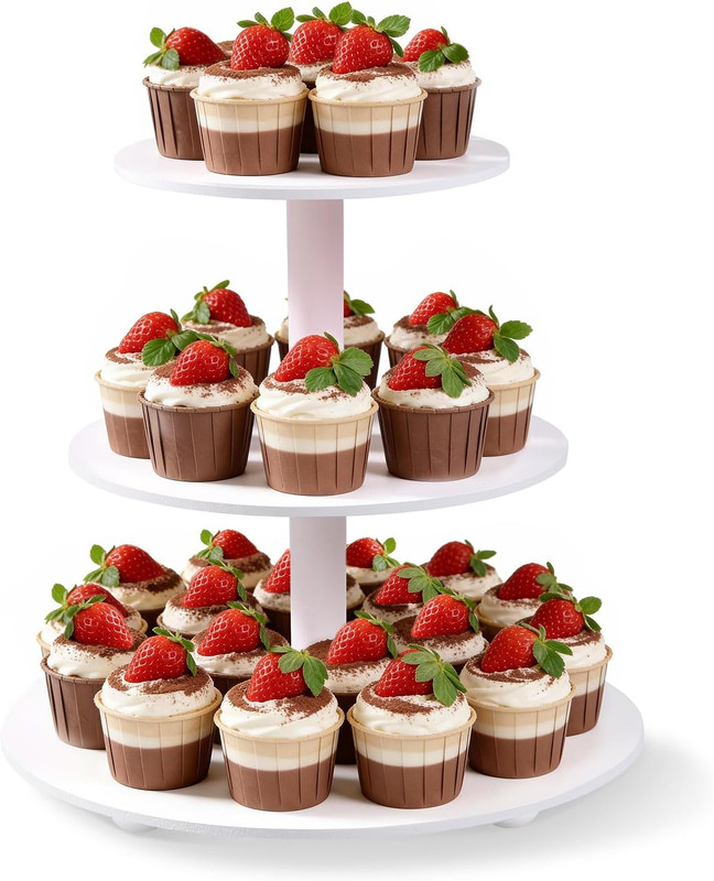 3-Tier Wooden Cupcake Stand:12In White round Tiered Cake Stand,Dessert Display f gallery