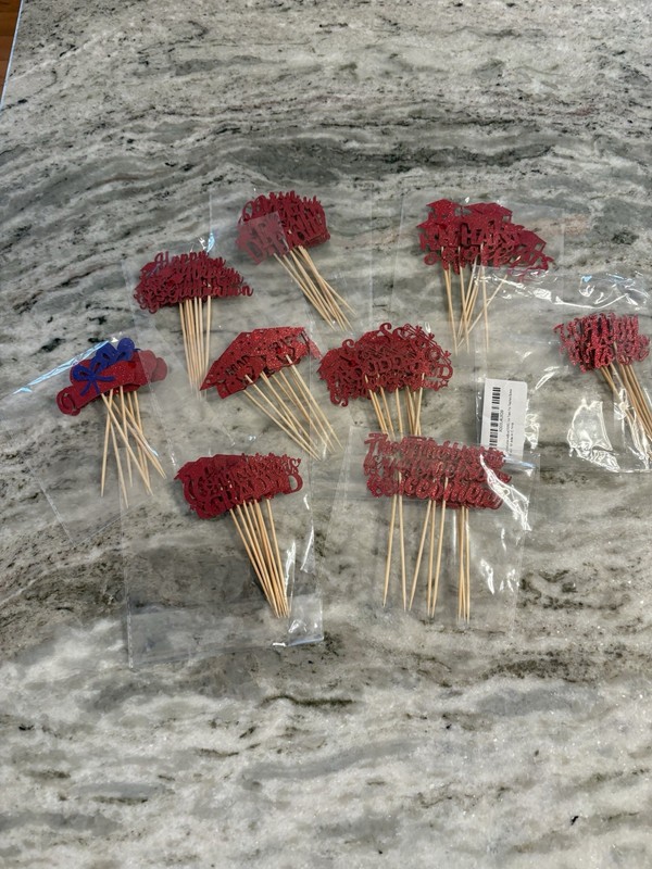 Glitter Graduation Cupcake Picks Red Blue Cap Bow Script Reusable Set