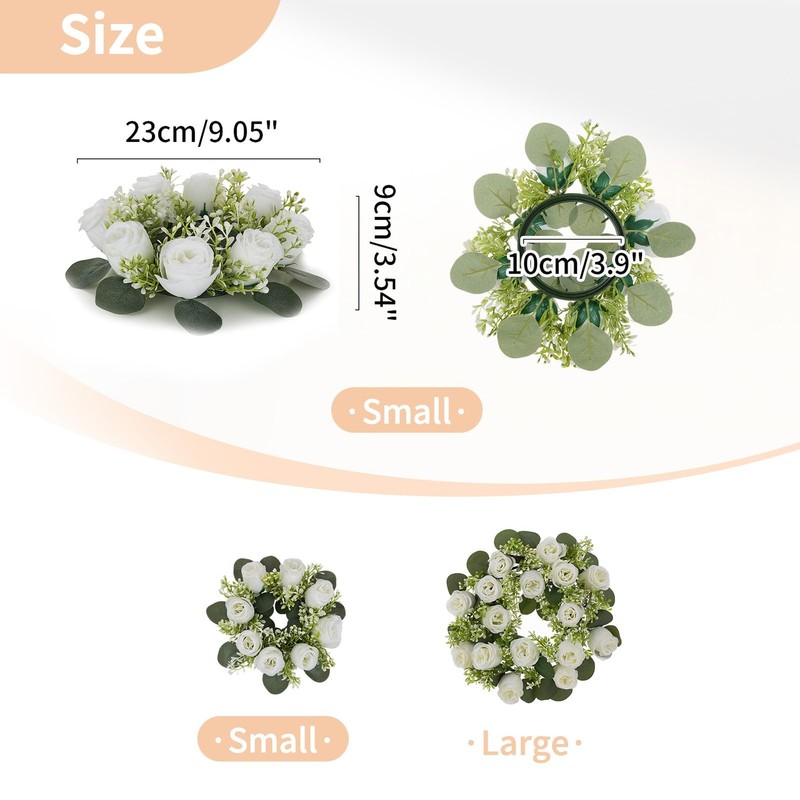 NUPTIO 9.05" White Artificial Rose Flower Wreath for Table Centerpieces, 6-Pack gallery