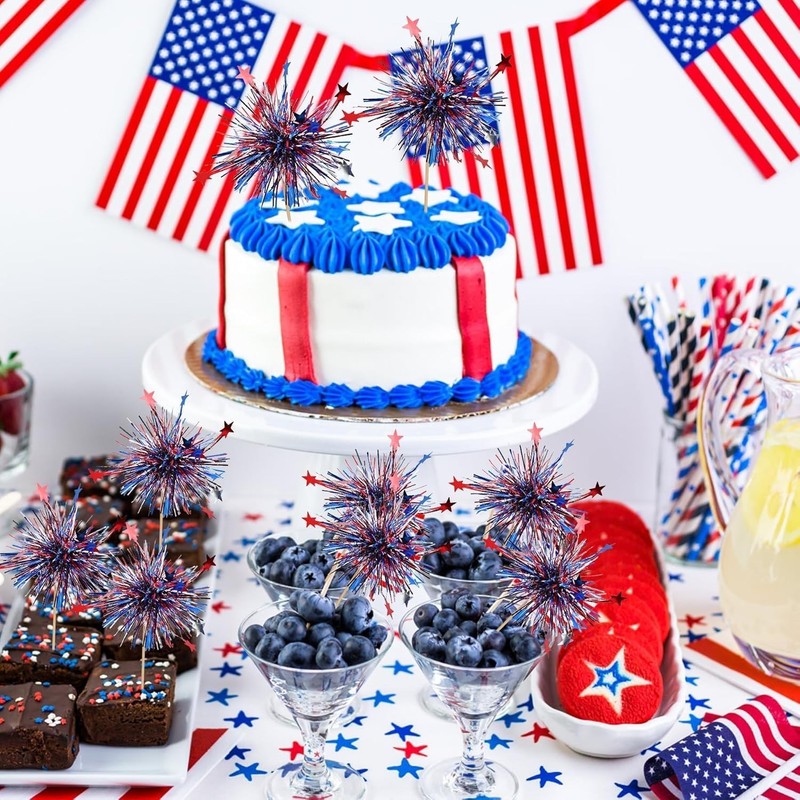 24Pcs American Patriotic Cupcake Toppers, 4th of July Foil Firework Cupcake gallery