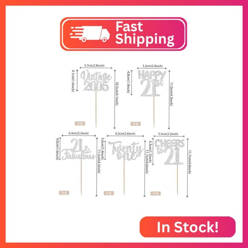 30PCS Happy 21st Birthday Cupcake Toppers Glitter Twenty One Vintage 2005 Cupcak gallery