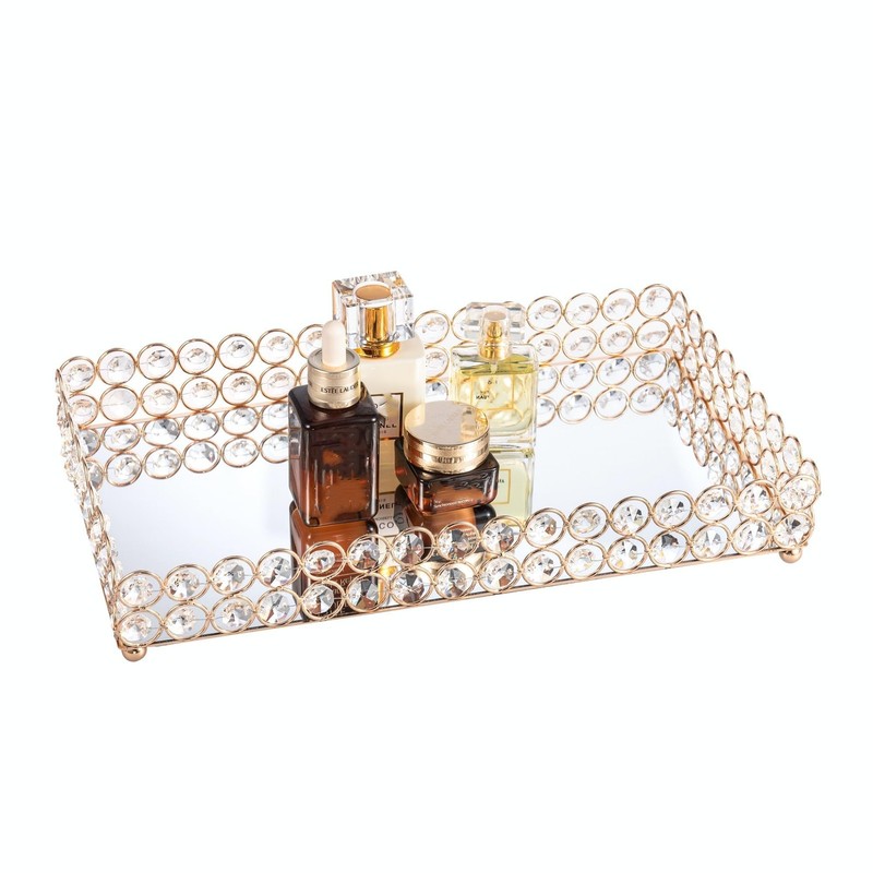 Feyarl Crystal Perfume Fragrance Tray Cosmetic 13.7″ x 7.9″ x 1.9″, Gold