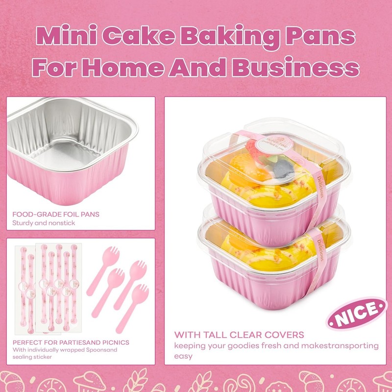 50 Pcs Mini Cake Pans with Lids and Spoons Aluminum Foil Mini Square Baking C... gallery