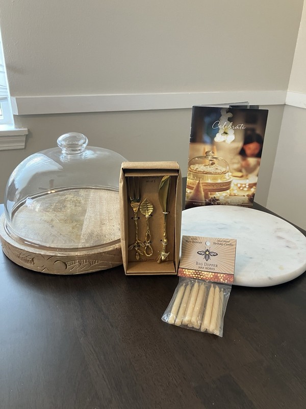 LOT Birthday cake Stand Glass Dome Beeswax Candles Mini Serving Utensils Marble
