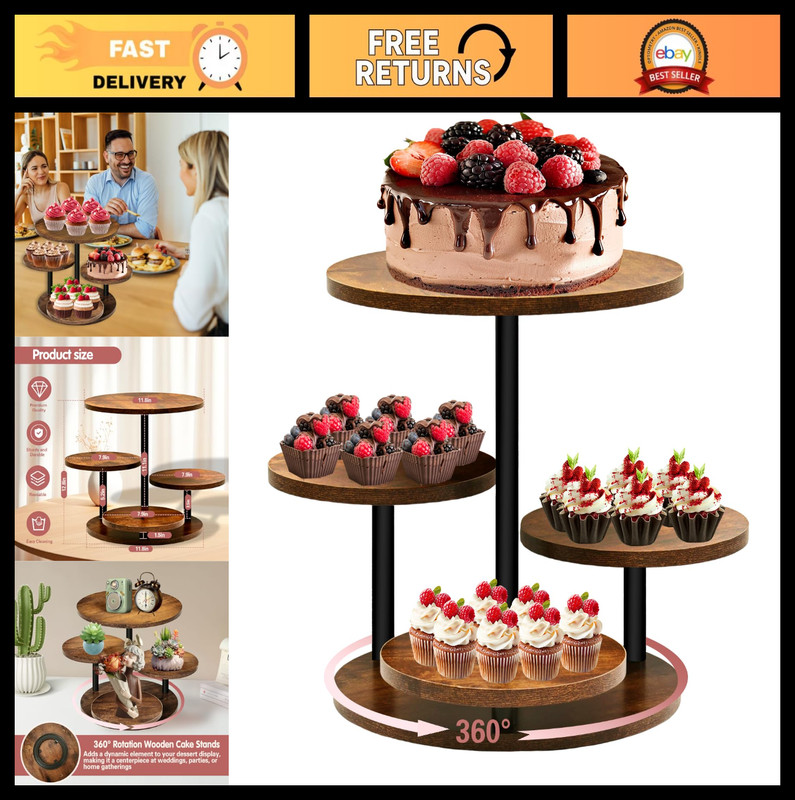 4-Tier Cupcake Tower Stand for 50 Cupcakes, Rotatable Wooden Dessert Display for