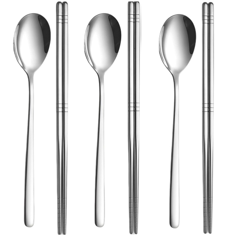 3 Set Stainless Steel Metal Chopsticks Long Handle Spoons Reusable Korean