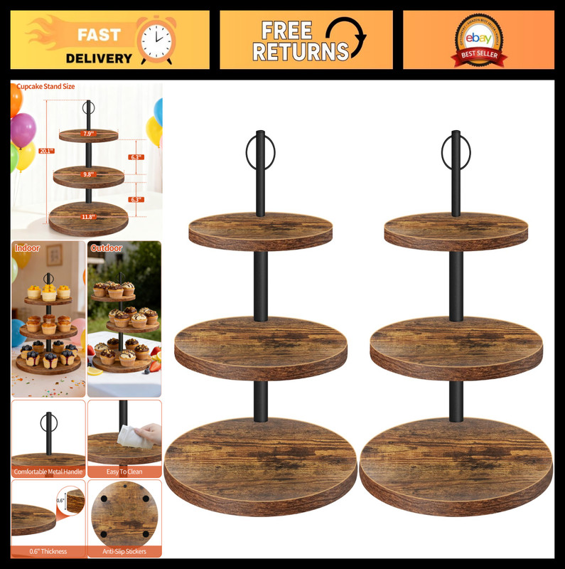 3-Tier Rustic Cupcake Stand Set – Wooden Dessert Display for Weddings, Birthdays