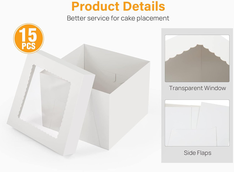 Kootek 15Pcs Cake Boxes, 10X10X8 Inches Tall Cake Box with Window, White Bakery gallery