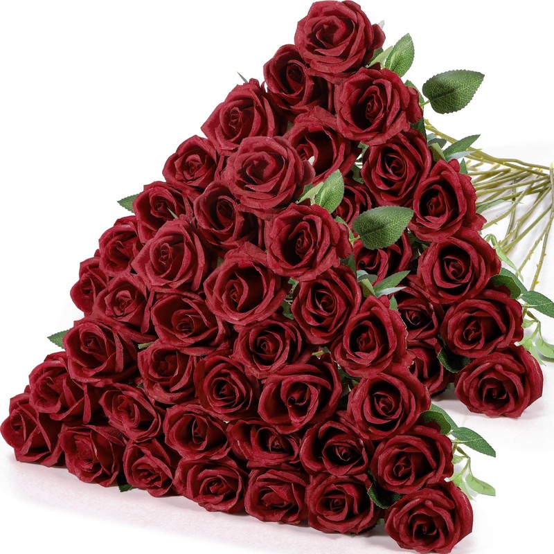 Hotop 40x Artificial Rose Flowers Bulk w/ Long Stem, Realistic Silk Fake Roses