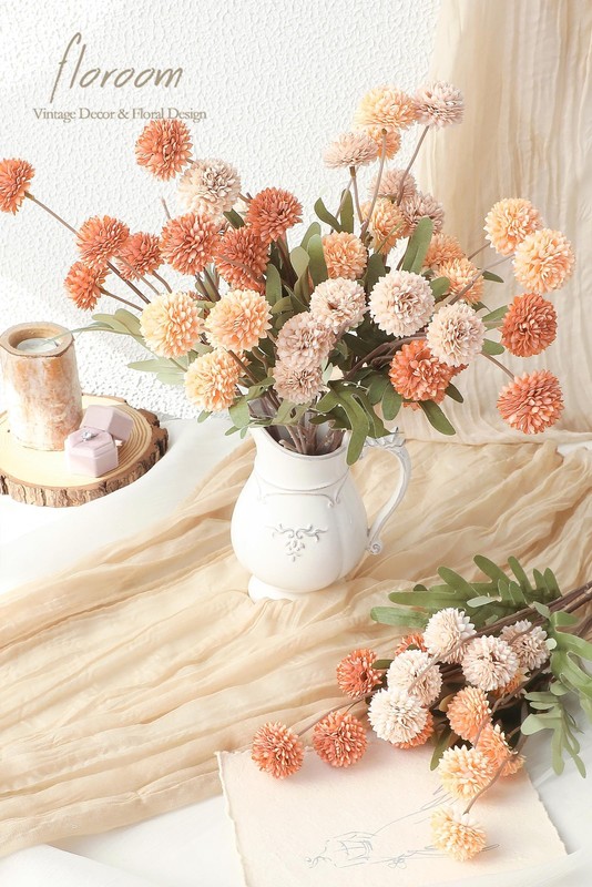 Floroom 9pcs Burnt Orange Peach Mix Faux Silk Mums Artificial Flowers, Bulk Fake gallery