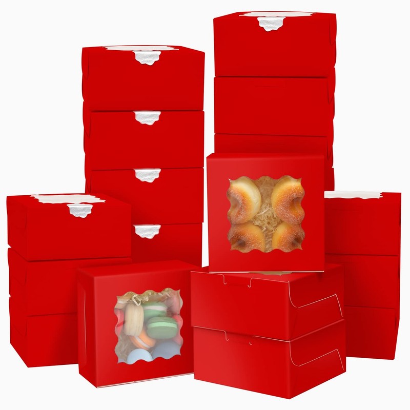60pcs Red Bakery Boxes with Window 6x6x3 inches Thick & Cookie Boxes & Sturdy... gallery