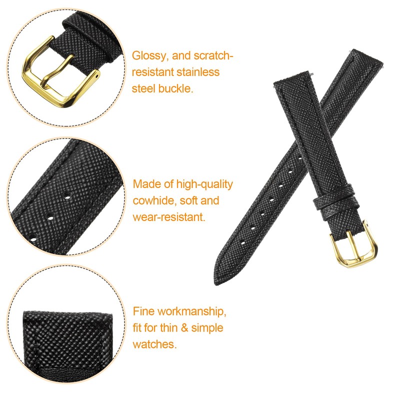 14mm Thin Classic Black Gold Grain Leather Watch Strap gallery