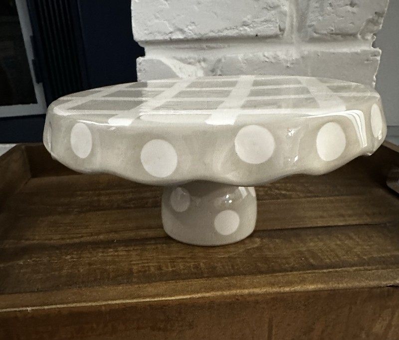 Round Cake Stand/Chip & Dip Plate Taupe In Color With White Polka Dots 4 Inches