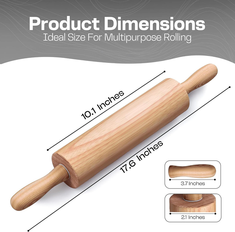 Wooden Rolling Pin 17.6 Inch with Rotating Ergonomic Handles – Classic Beech Woo gallery