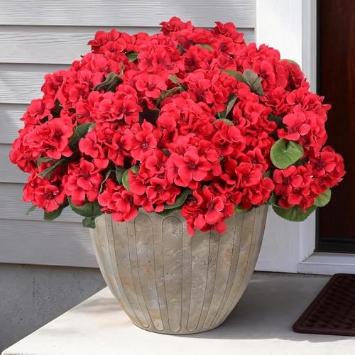 Pcs Artificial Flowers for Outdoors, Faux Silk Geraniums Flowers UV 12 Red