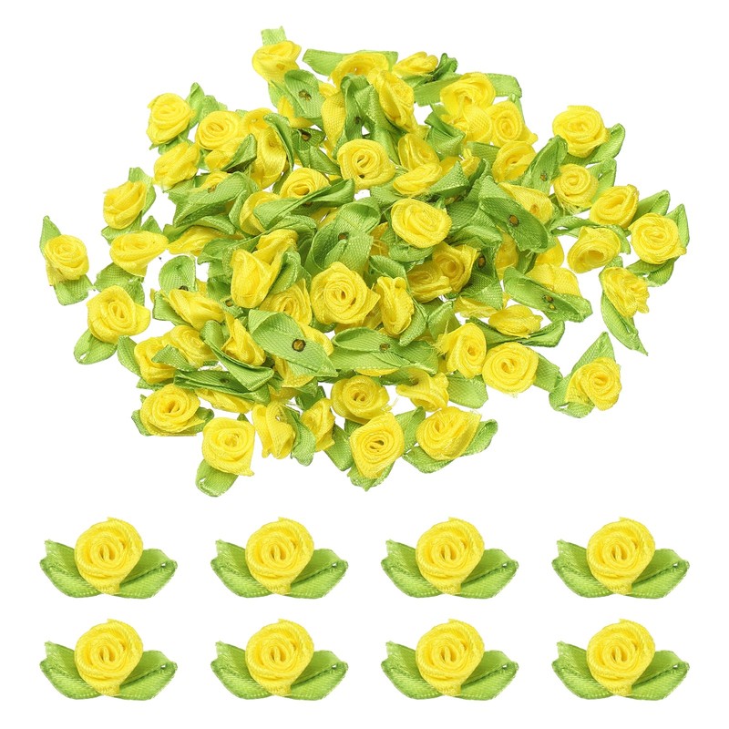 100 Pcs Mini Ribbon Roses Flowers Bows for Crafts, 15mm/0.6" Dia, Yellow