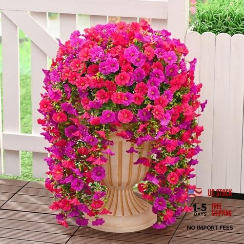 8 Packs Look Real Artificial Flowers for Outdoors, 8 packs Fuchsia+rose Red