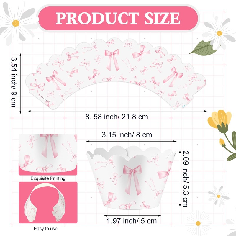100 PCS Pink Bow Cupcake Wrappers Rustic Liners Baking Cups Wedding Bridal gallery