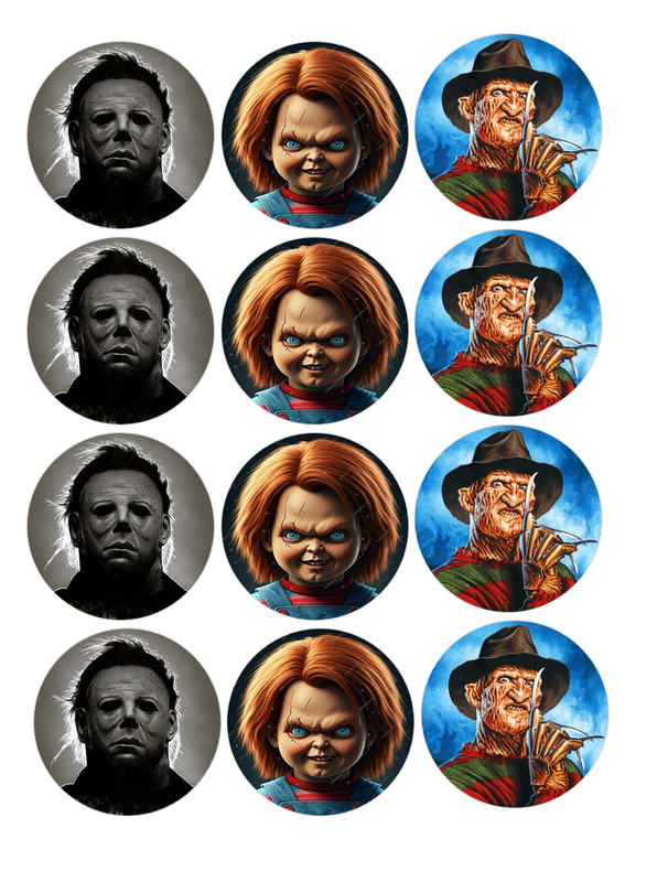 12 Horror Movie Edible Image rounds, dessert images, Wafer paper, pre cut