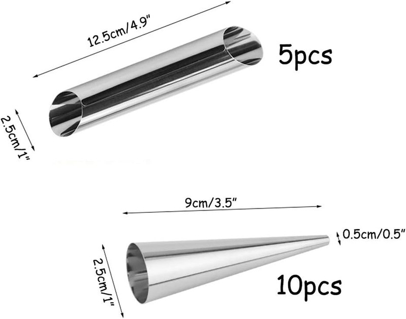 15 Pcs Stainless Steel Cannoli Tubes Set,Non-Stick Cone Cream Horn Molds and Dia gallery