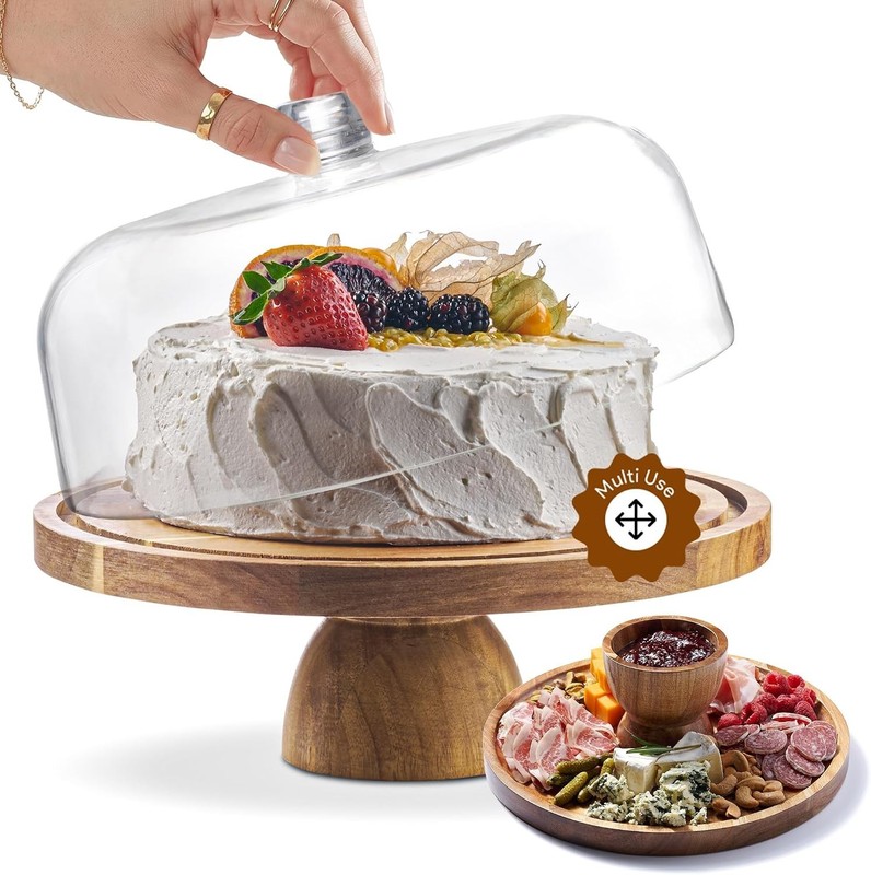 Acacia Wood Cake Stand with Lid - Cake Stand with Dome,12in Round Cake Holder... gallery