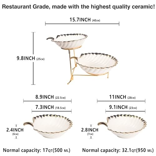 2-Tier Serving Rack with Ceramic Serving Bowls, Foldable Gold Stand with 2 gallery