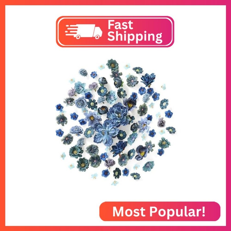 Floroom Mini Artificial Flower Heads Dusty & Navy Blue Fake Peony Daisy Rose Mul