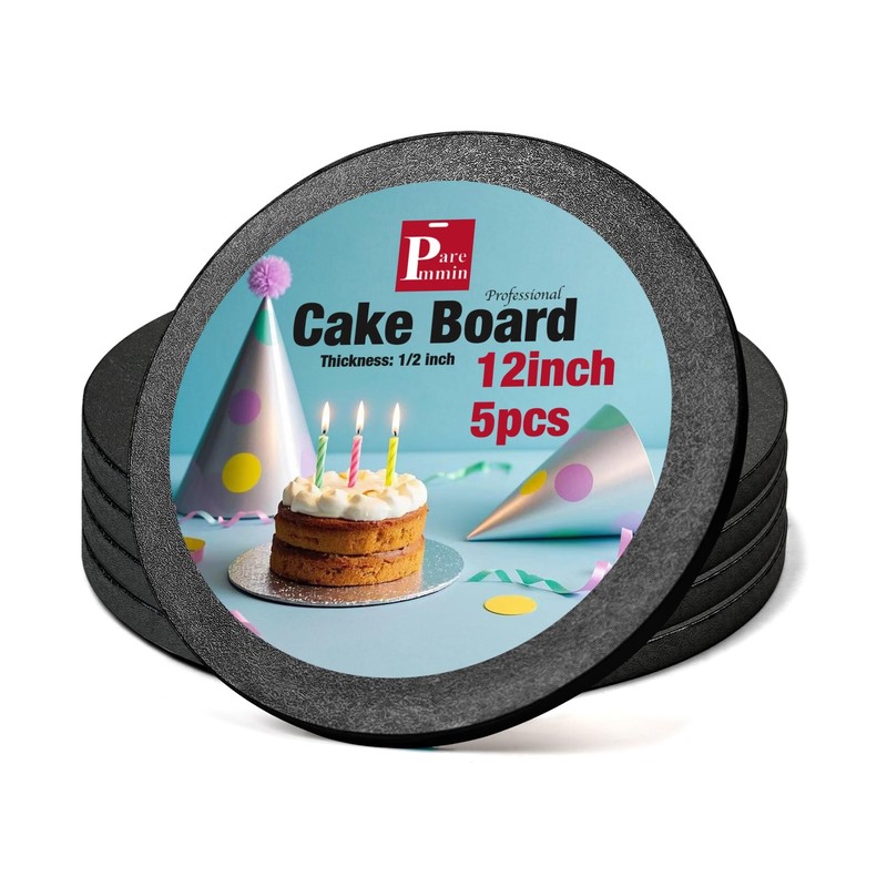 5 PCS 12 Inch Black Round Cake Boards 1/2 Inch Thick Sturdy Drums Waterproof