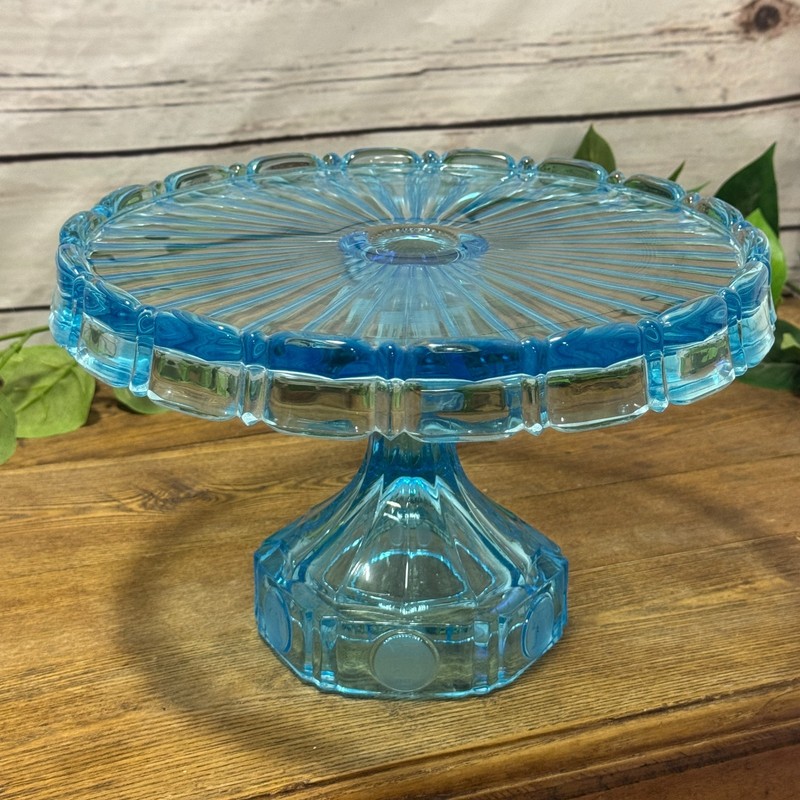 Blue Glass Pedestal Cake Stand Fostoria Glass Coin Liberty Bell 10″ MCM VTG