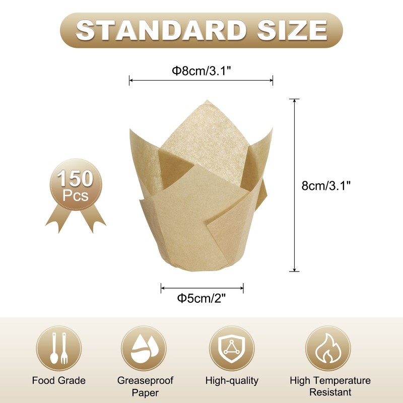 150Pcs Tulip Baking Cups Cupcake Muffins Liners Paper(3.1" x 2", Brown) gallery