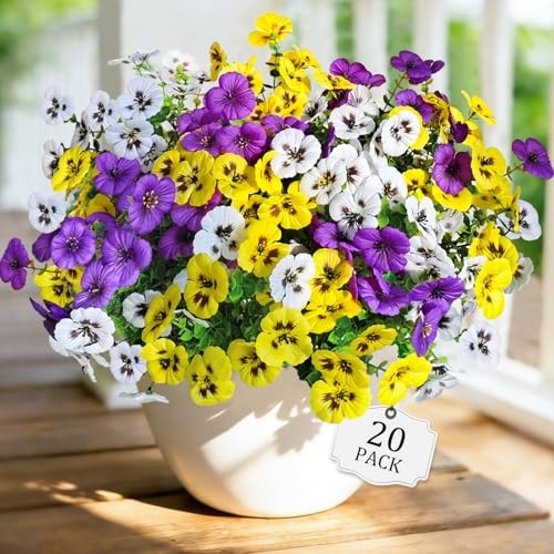 Artificial Fake Pansy Flowers for Outdoors, Faux 20 Pcs Purple, Yellow, White gallery