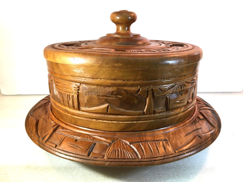 Vintage Hand Carved Wooden Cake Stand w/Dome Cover Lazy Susan