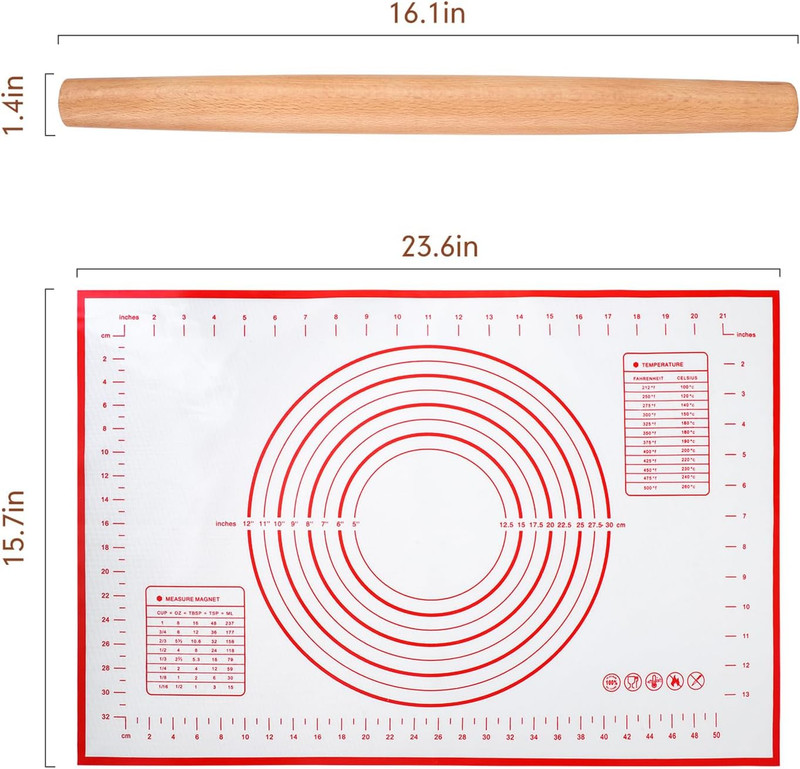 Wood French Rolling Pin for Baking, Wooden Dough Roller with Silicone Baking Ma gallery