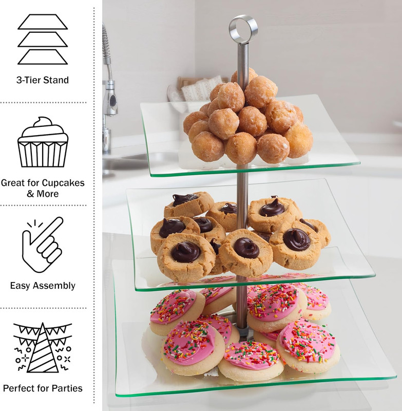 Home Dess Three Tier Square Glass Buffet and Dessert Stand, 1 Pack, Clear gallery