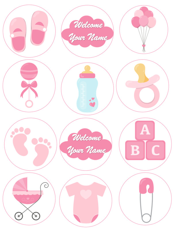 Girl Baby Shower Edible Image Toppers. Edible Round Pre Cut Stickers.