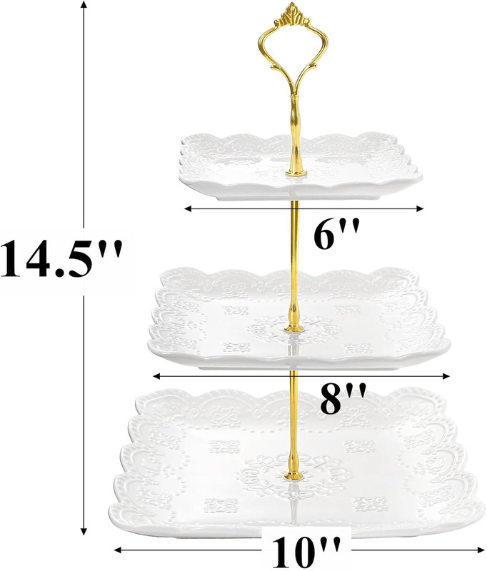 2 Pack 3-Tier White Ceramic Embossed Dessert Cake Tower Stand with Gold Carry Ha gallery