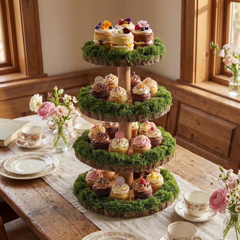 4 Tier Wooden Cupcake Stand Rustic 17 Inch Natural Wood Display Tower Stand w... gallery