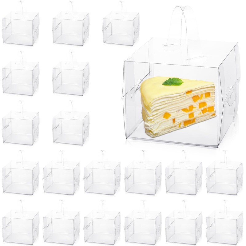 20 PCS Transparent Bakery Boxes Handles Clear 6x6x5 Inch Cake Treat Box Cup