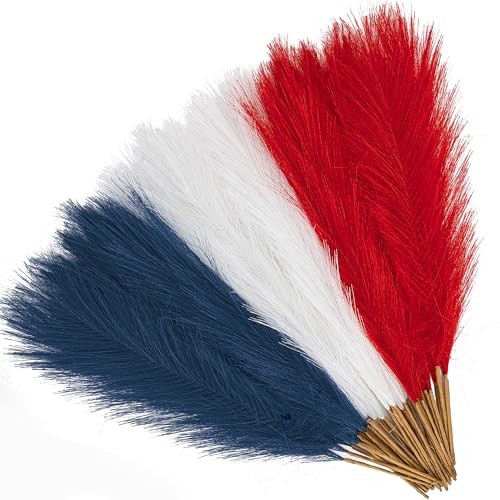 Watayo 45 Pcs Patriotic Faux Pampas Grass Decor, 17″ Fluffy 4th of July