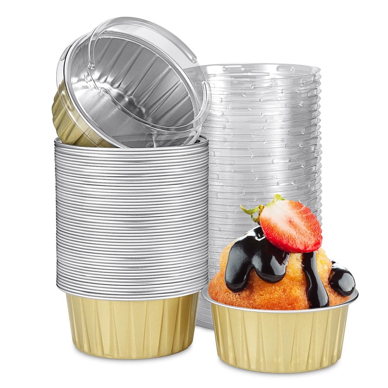50pcs Mini Disposable Foil Ramekins with Lids 5oz, Aluminum Foil Round Cupcak…